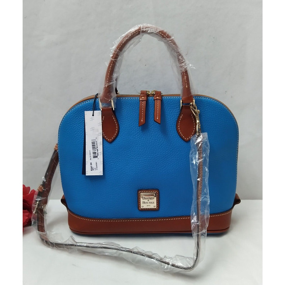 Dooney & Bourke Blue Pebbled Leather Double Handles Zipper Satchel Bag - NWT - Picture 1 of 16